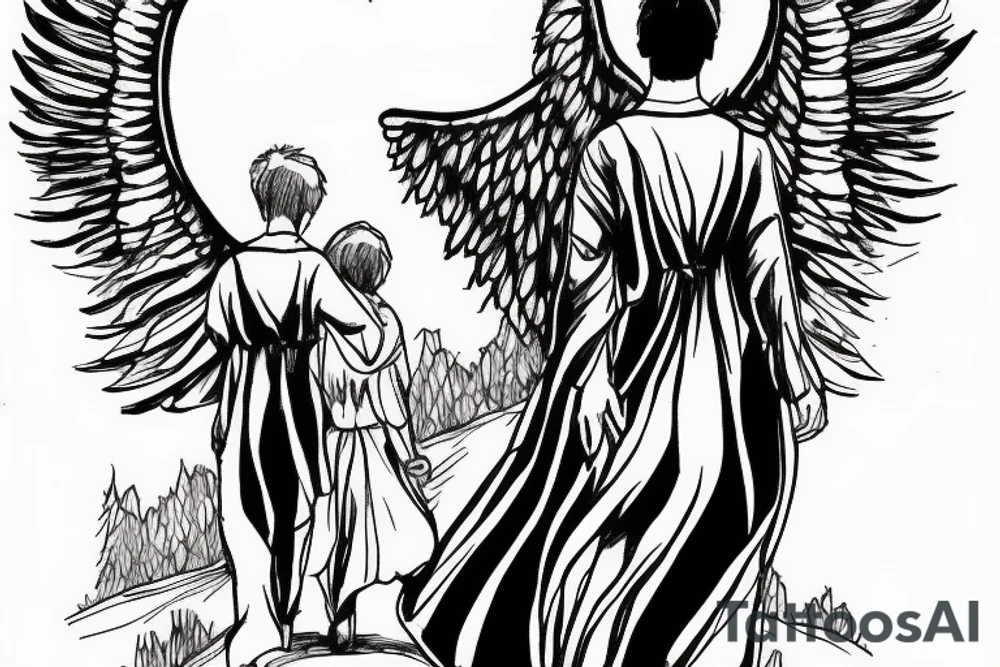 Male angel in the shadows overlooking a forest with a father and two daughters walking in the distance tattoo idea