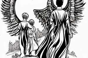 Male angel in the shadows overlooking a forest with a father and two daughters walking in the distance tattoo idea