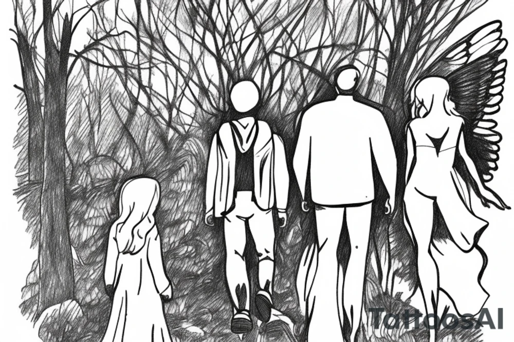 Male angel in the shadows overlooking a forest with a father and two daughters walking in the distance tattoo idea