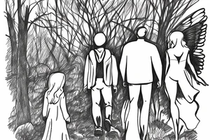 Male angel in the shadows overlooking a forest with a father and two daughters walking in the distance tattoo idea