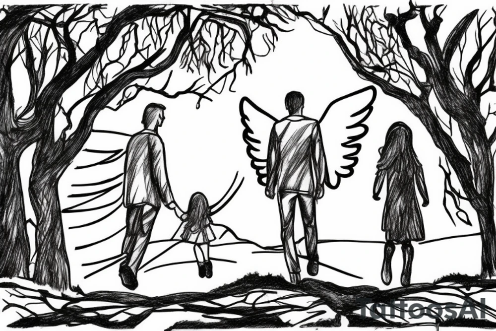 Male angel in the shadows overlooking a forest with a father and two daughters walking in the distance tattoo idea