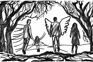 Male angel in the shadows overlooking a forest with a father and two daughters walking in the distance tattoo idea
