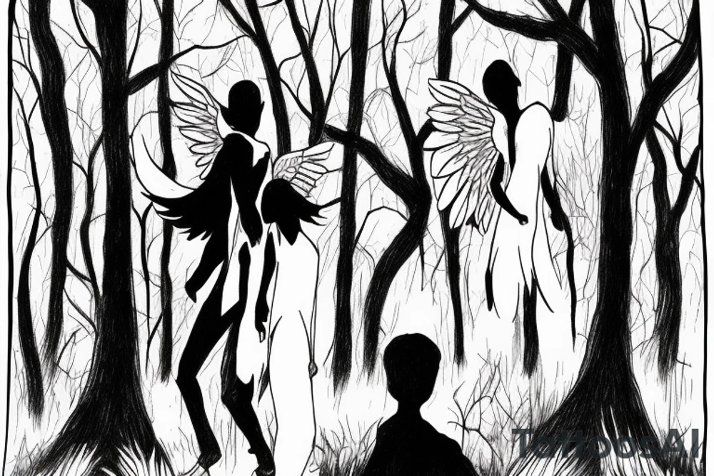 Male angel in the shadows overlooking a forest with a father and two daughters walking in the distance tattoo idea