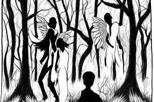 Male angel in the shadows overlooking a forest with a father and two daughters walking in the distance tattoo idea