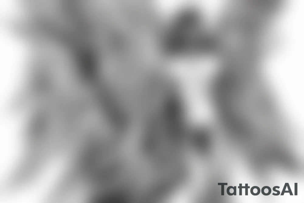 Male angel in the shadows overlooking a forest tattoo idea