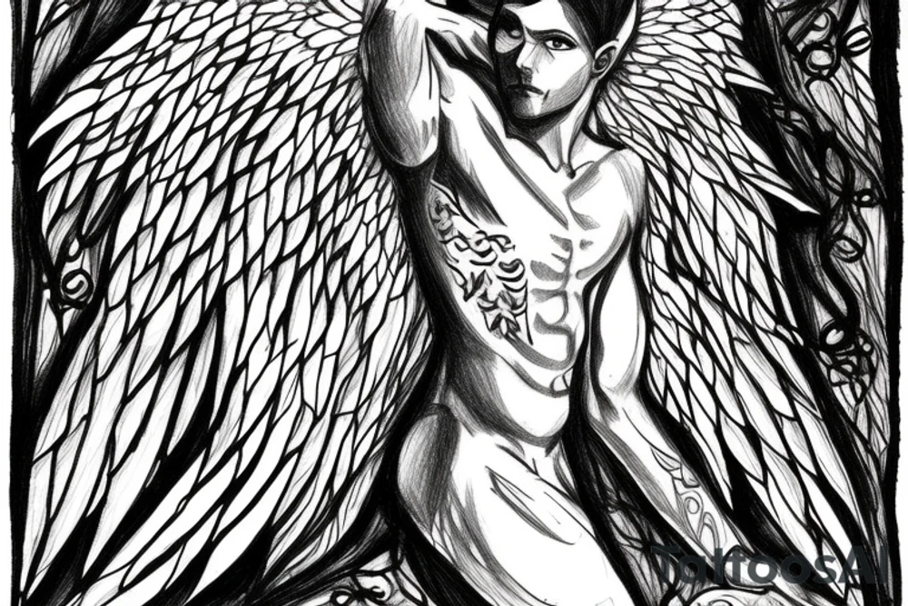Male angel in the shadows overlooking a forest tattoo idea