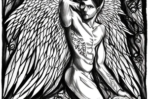 Male angel in the shadows overlooking a forest tattoo idea