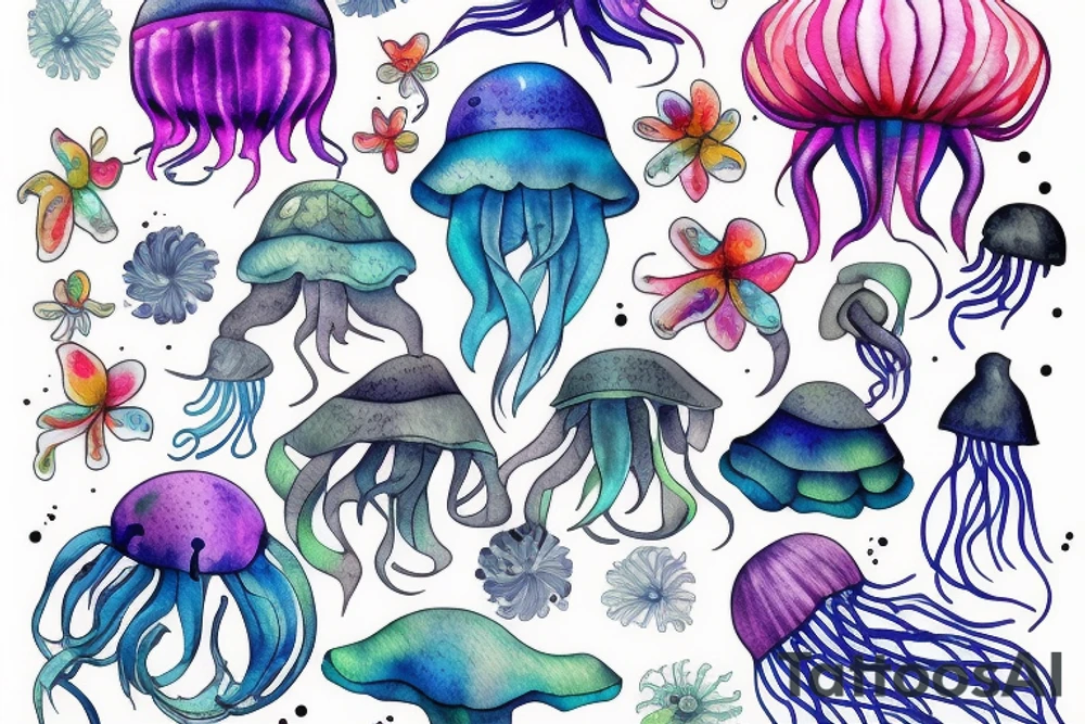 jellyfish swimming among flowers tattoo idea