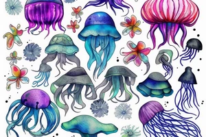 jellyfish swimming among flowers tattoo idea