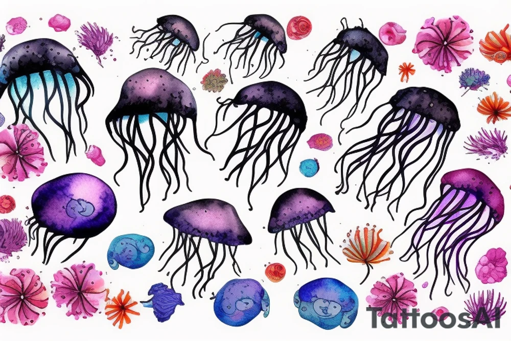 jellyfish swimming among flowers tattoo idea