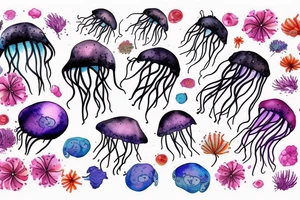 jellyfish swimming among flowers tattoo idea