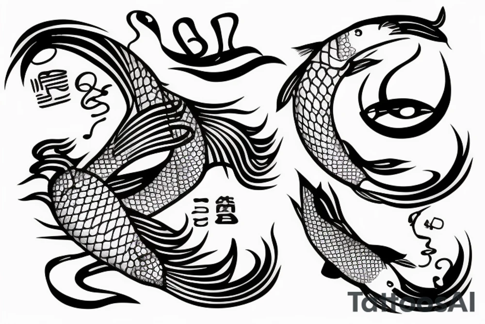 Samuri, withe musical notes around him, with a koi fish reflection tattoo idea