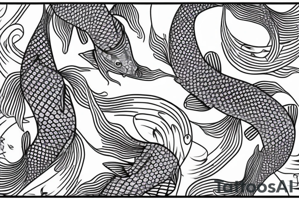 Samuri, withe musical notes around him, with a koi fish reflection tattoo idea