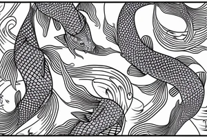 Samuri, withe musical notes around him, with a koi fish reflection tattoo idea