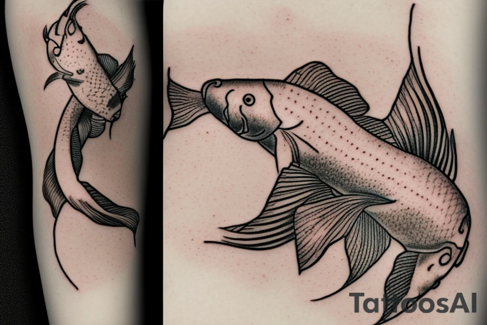 Samuri, withe musical notes around him, with a koi fish reflection tattoo idea