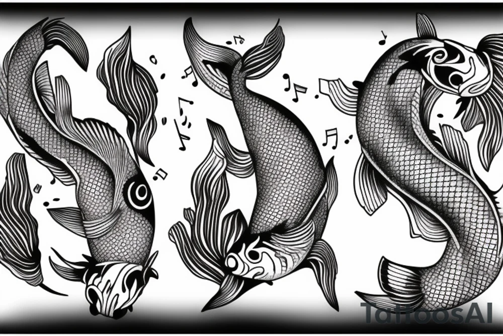 Samuri, withe musical notes around him, with a koi fish reflection tattoo idea