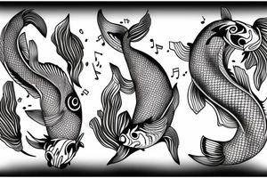 Samuri, withe musical notes around him, with a koi fish reflection tattoo idea