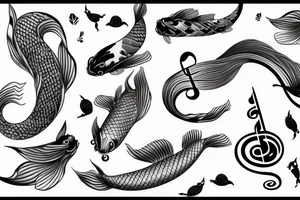 Samuri, withe musical notes around him, with a koi fish reflection tattoo idea