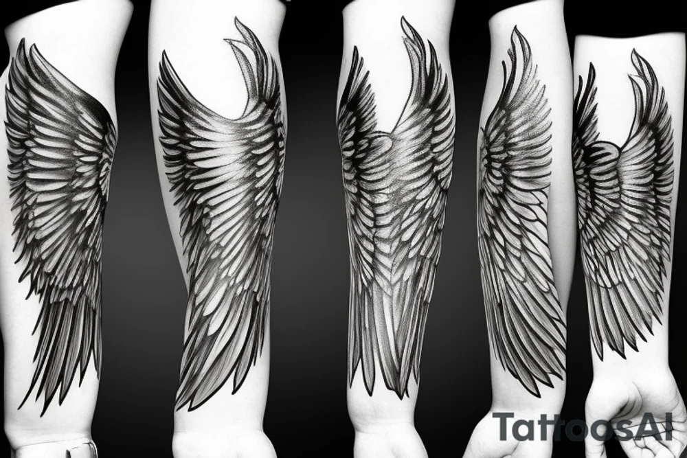 guardian angel wing for a outer forearm with high detail and high degree of shading tattoo idea