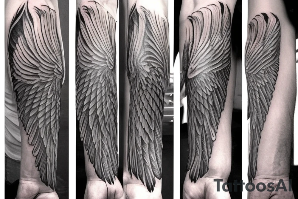 angel wing for outer forearm with high detail and high degree of shading include the calamus tattoo idea