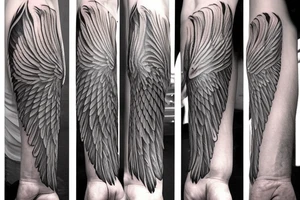 angel wing for outer forearm with high detail and high degree of shading include the calamus tattoo idea