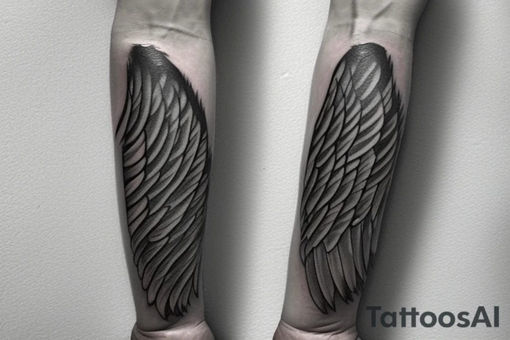 angel wing for outer forearm with high detail and high degree of shading include the calamus tattoo idea