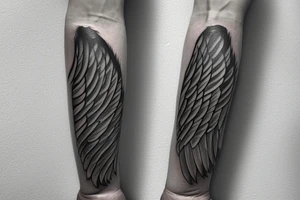 angel wing for outer forearm with high detail and high degree of shading include the calamus tattoo idea