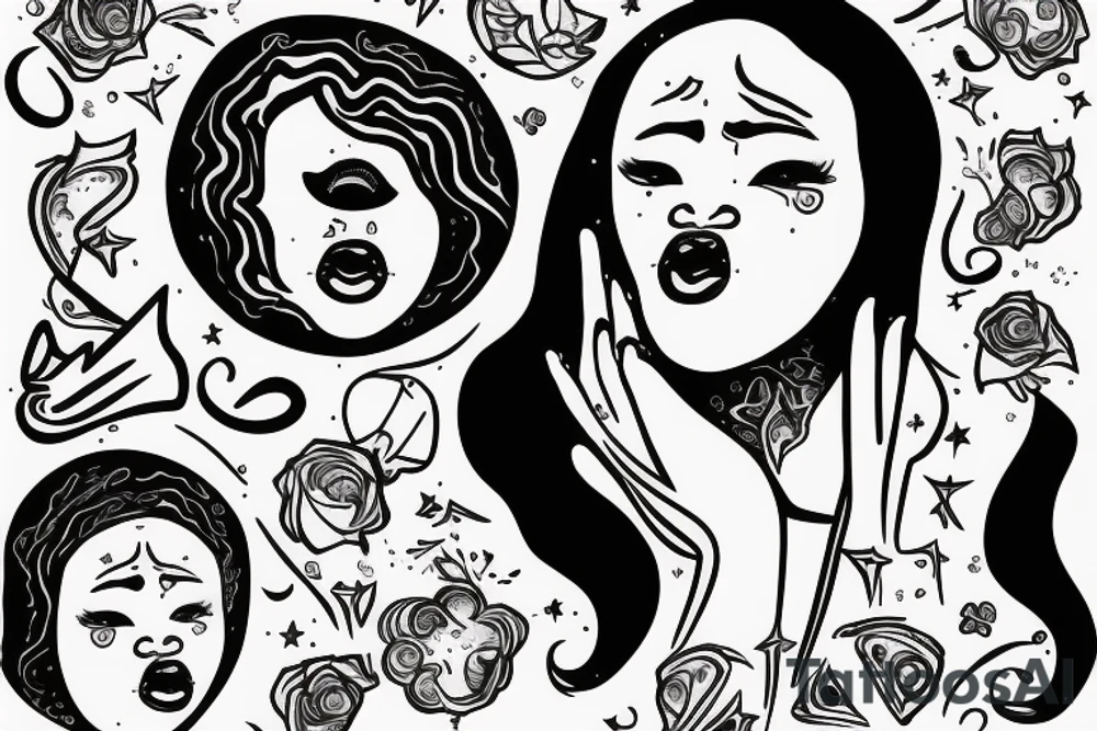 chubby black woman with head in hands and a galaxy fro tattoo idea