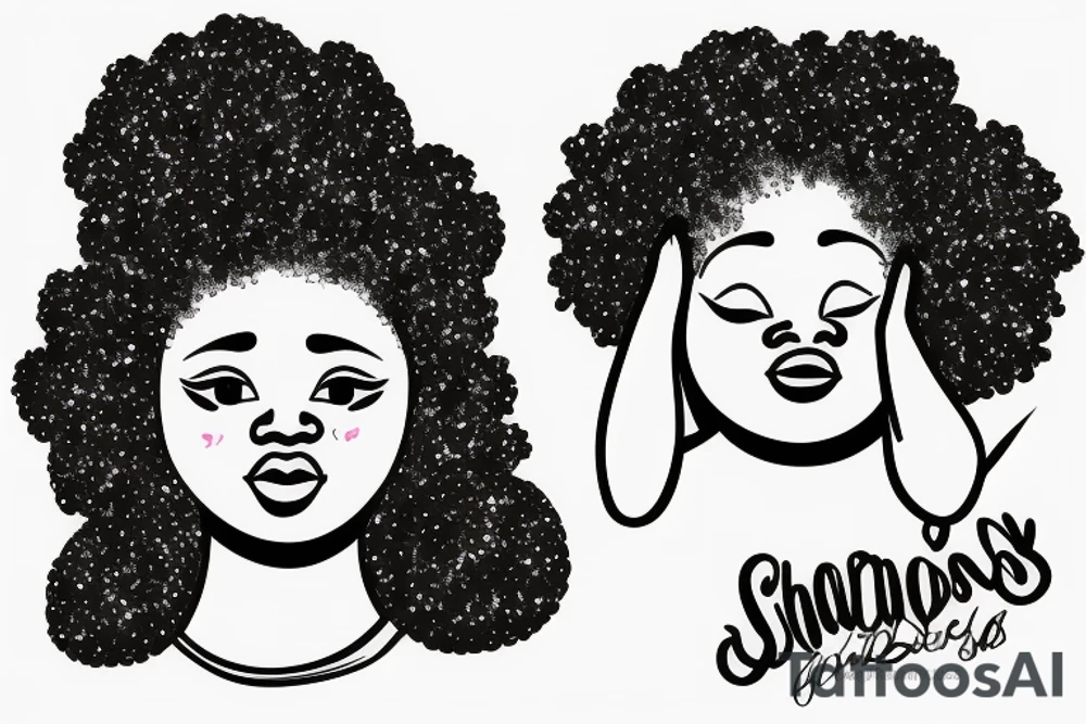 chubby black woman with head in hands and a galaxy afro tattoo idea