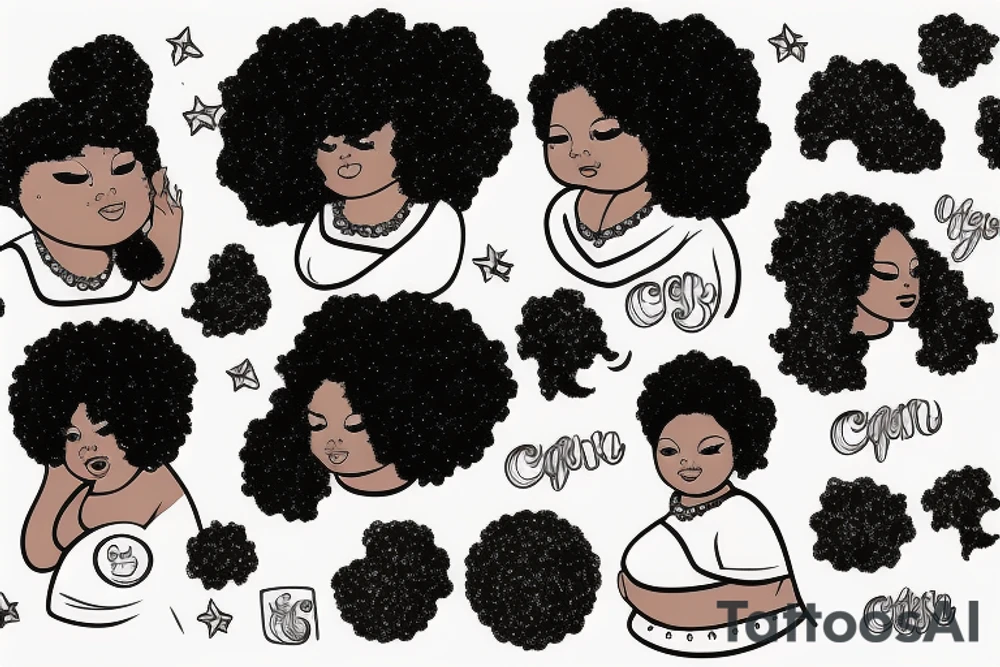 chubby black woman with head in hands and a galaxy afro tattoo idea