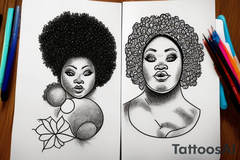 outline of a chubby black woman with head in hands and a galaxy afro tattoo idea