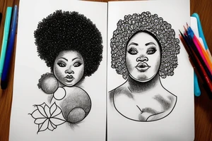 outline of a chubby black woman with head in hands and a galaxy afro tattoo idea