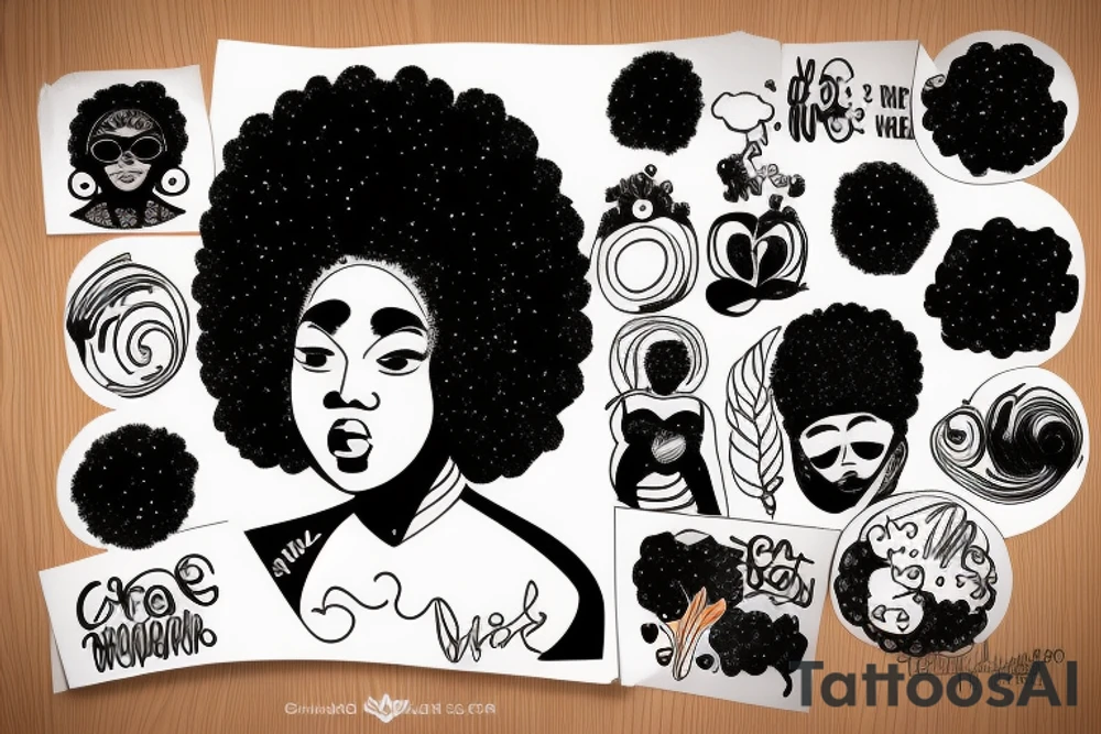 outline of a chubby black woman with head in hands and a galaxy afro tattoo idea