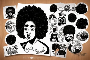 outline of a chubby black woman with head in hands and a galaxy afro tattoo idea