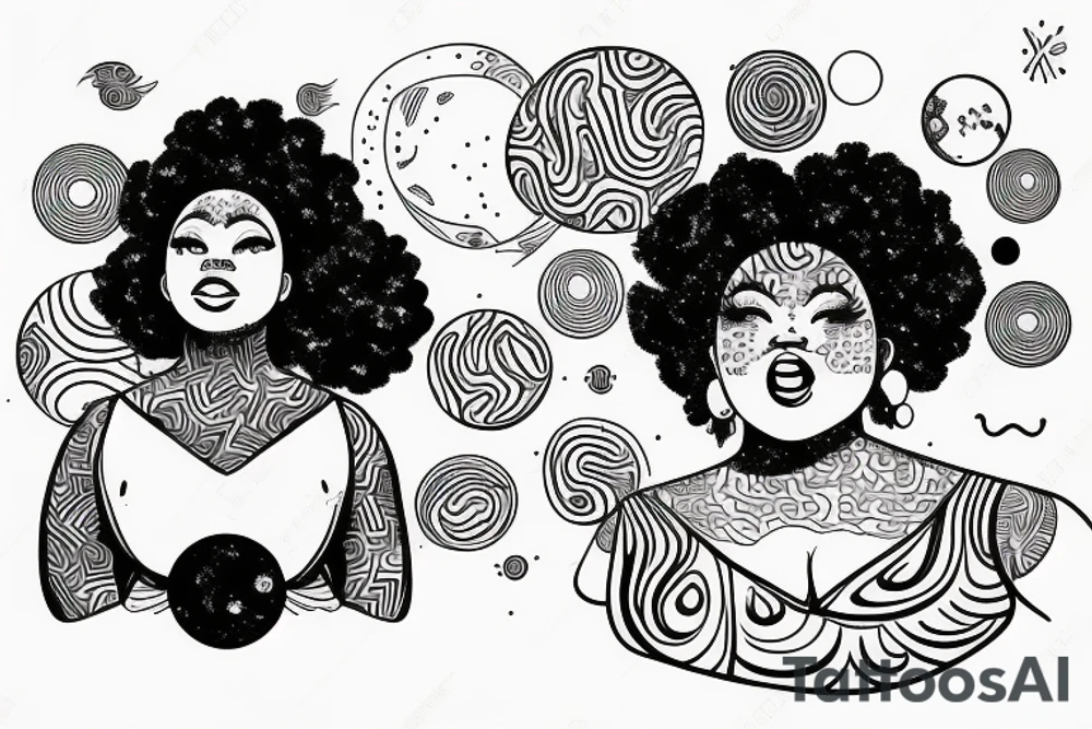 outline of a chubby black woman with planets in her afro tattoo idea