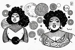 outline of a chubby black woman with planets in her afro tattoo idea