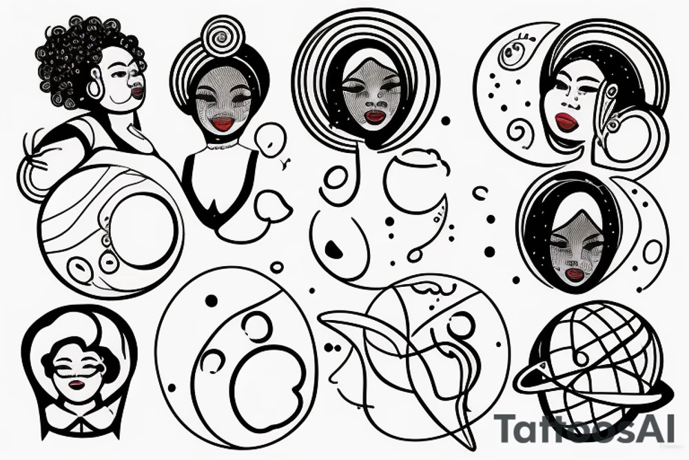 outline of a chubby black woman with planets in her afro tattoo idea