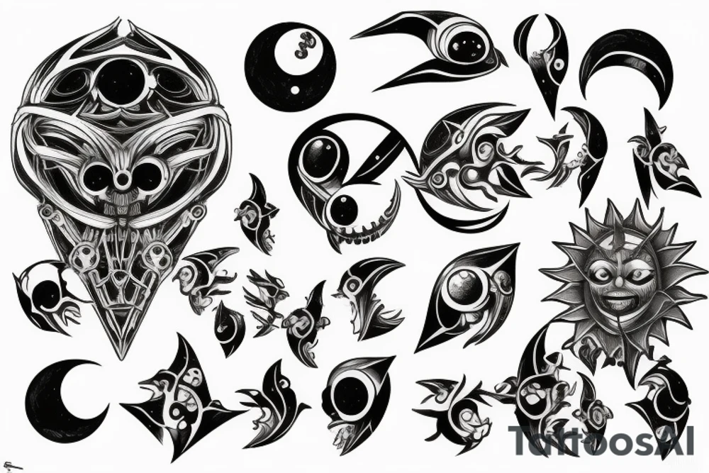 Creepy sun, moon, and star tattoo idea
