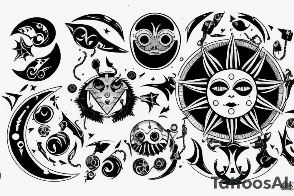 Creepy sun, moon, and star tattoo idea