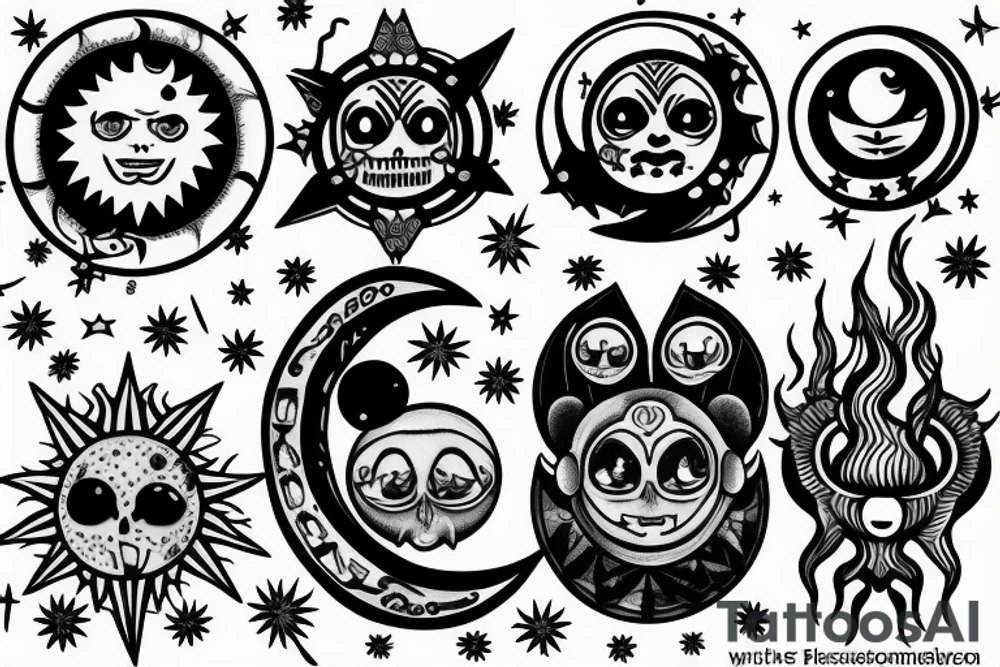 Creepy sun, moon, and star tattoo idea