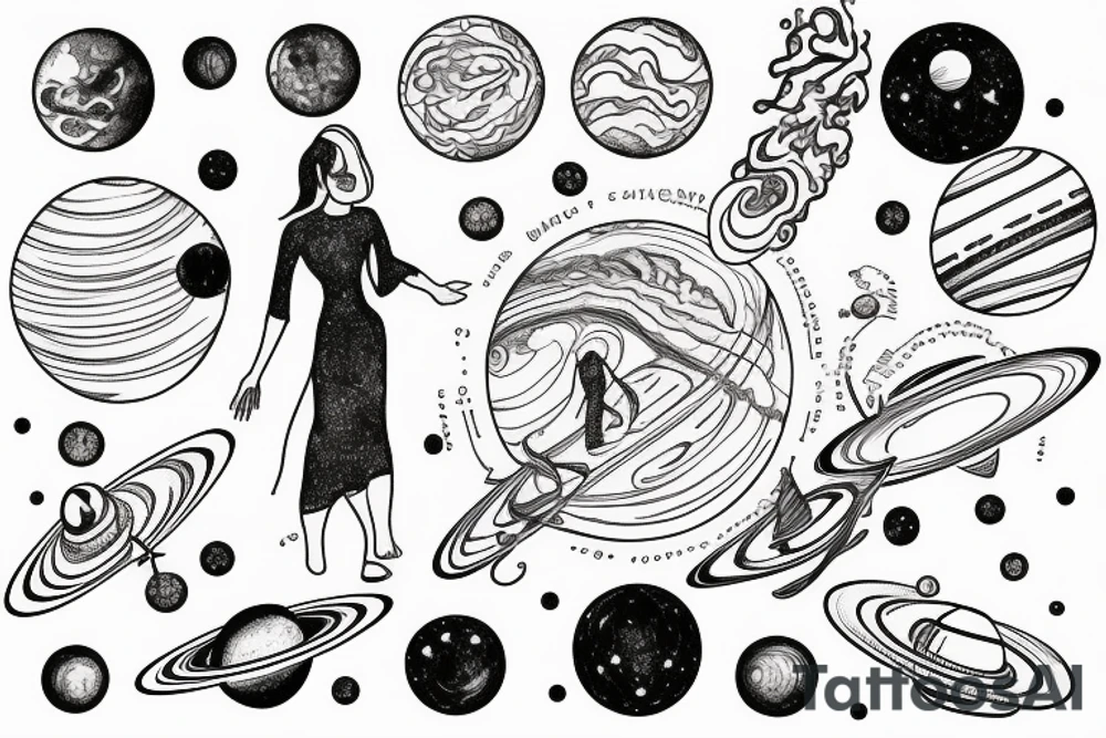 The universe with its planets in a line and a woman standing underneath it who is connecting everything tattoo idea