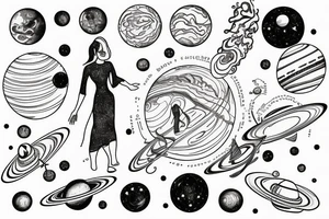 The universe with its planets in a line and a woman standing underneath it who is connecting everything tattoo idea