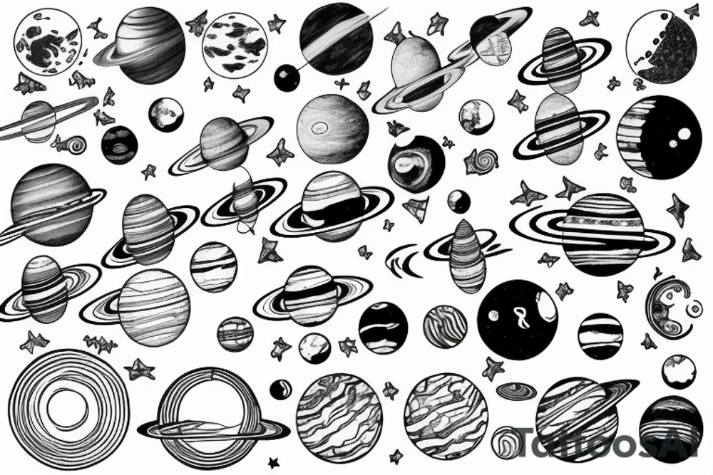 The universe with its planets in a line and a woman standing underneath it who is connecting everything tattoo idea