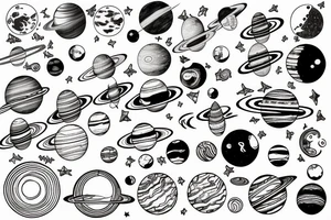 The universe with its planets in a line and a woman standing underneath it who is connecting everything tattoo idea