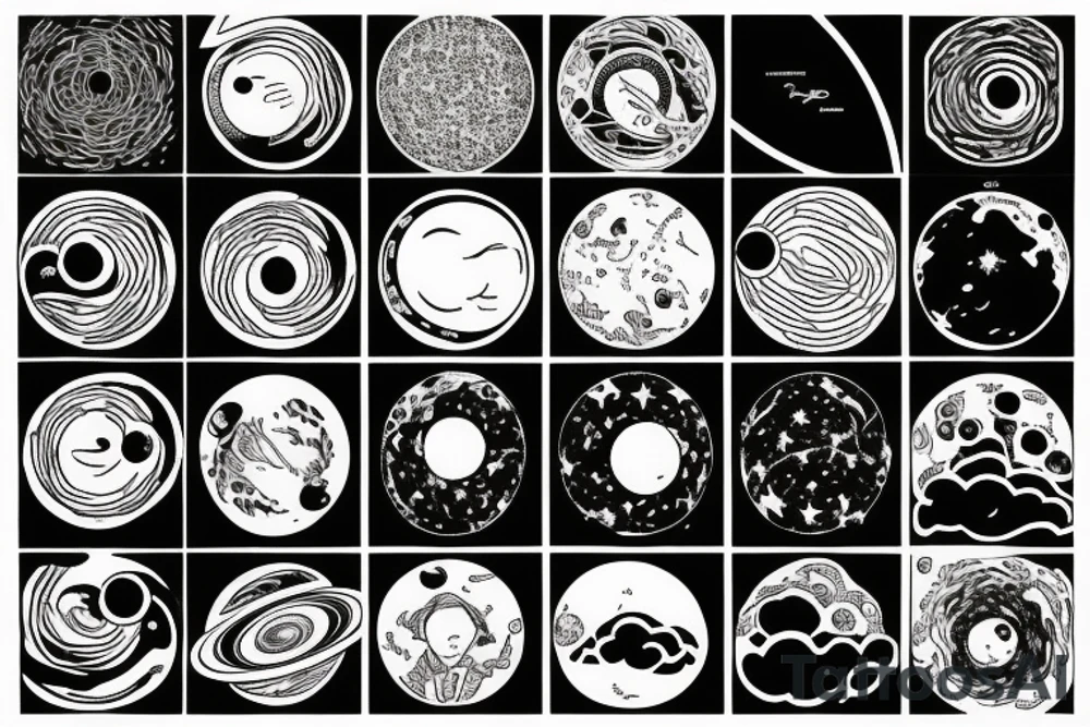 The universe with its planets in a line and a woman standing underneath it who is connecting everything tattoo idea