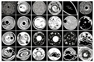 The universe with its planets in a line and a woman standing underneath it who is connecting everything tattoo idea