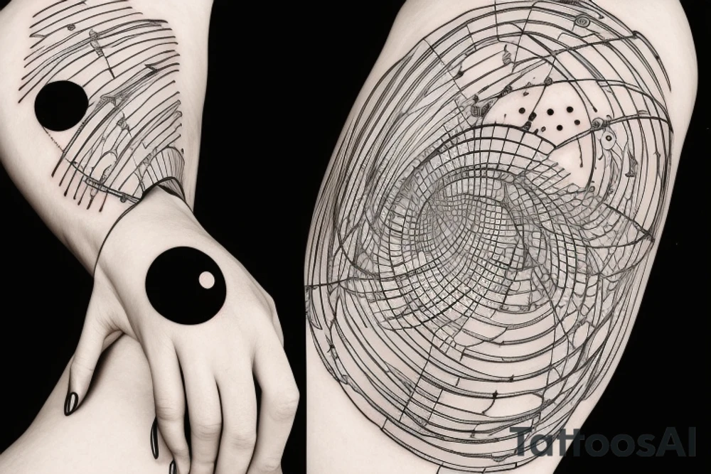 The universe with its planets in a line and a woman standing underneath it who is connecting everything tattoo idea
