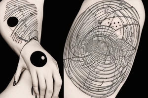The universe with its planets in a line and a woman standing underneath it who is connecting everything tattoo idea