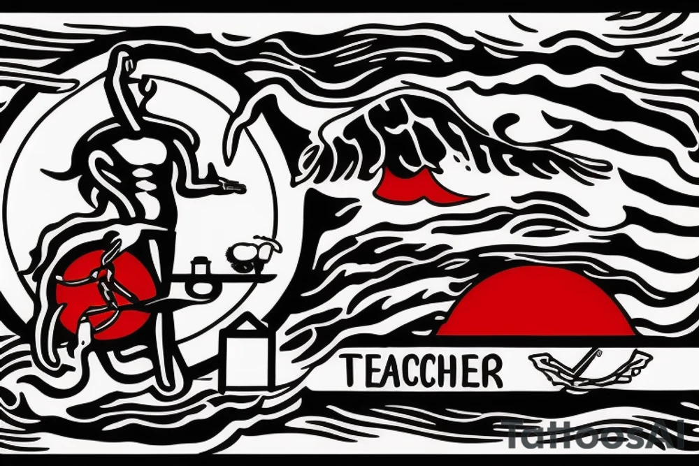 A bridge with a teacher standing on it holding a red seal tattoo idea A bridge with a teacher standing on it holding a red seal tattoo idea