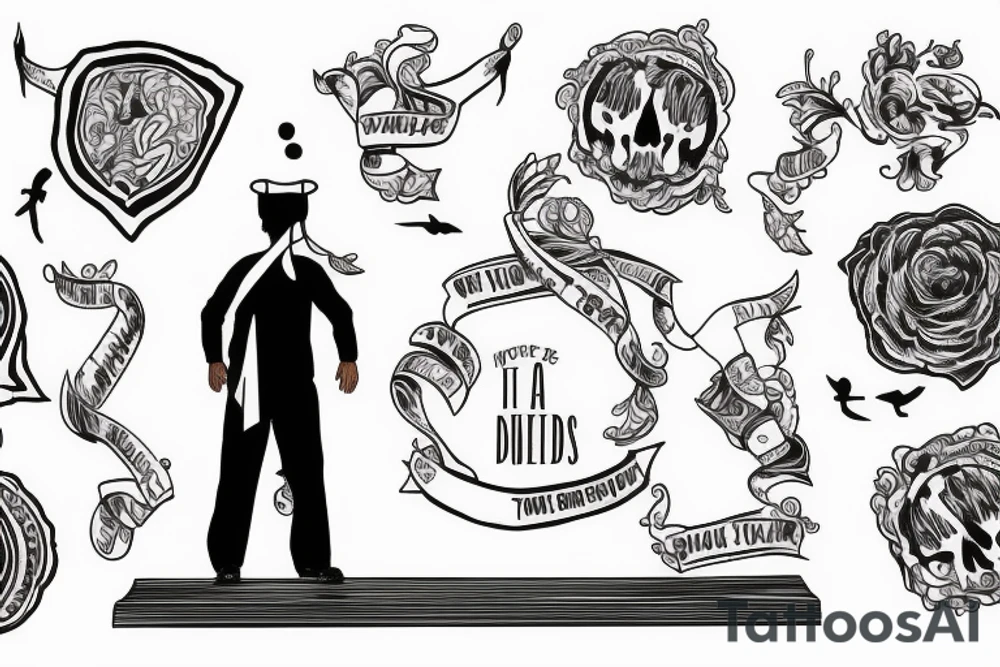 A bridge with a teacher standing on it holding a red seal tattoo idea